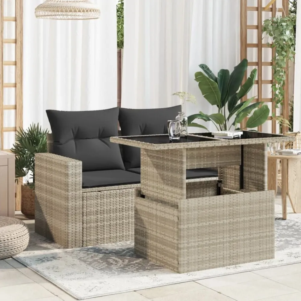 Tuinmeubelen*vidaXL Tuintafel met glazen blad 100x55x73 cm poly rattan Lichtgrijs