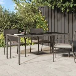 Tuintafel 190x90x75 cm gehard glas en poly rattan grijs>vidaXL Hot