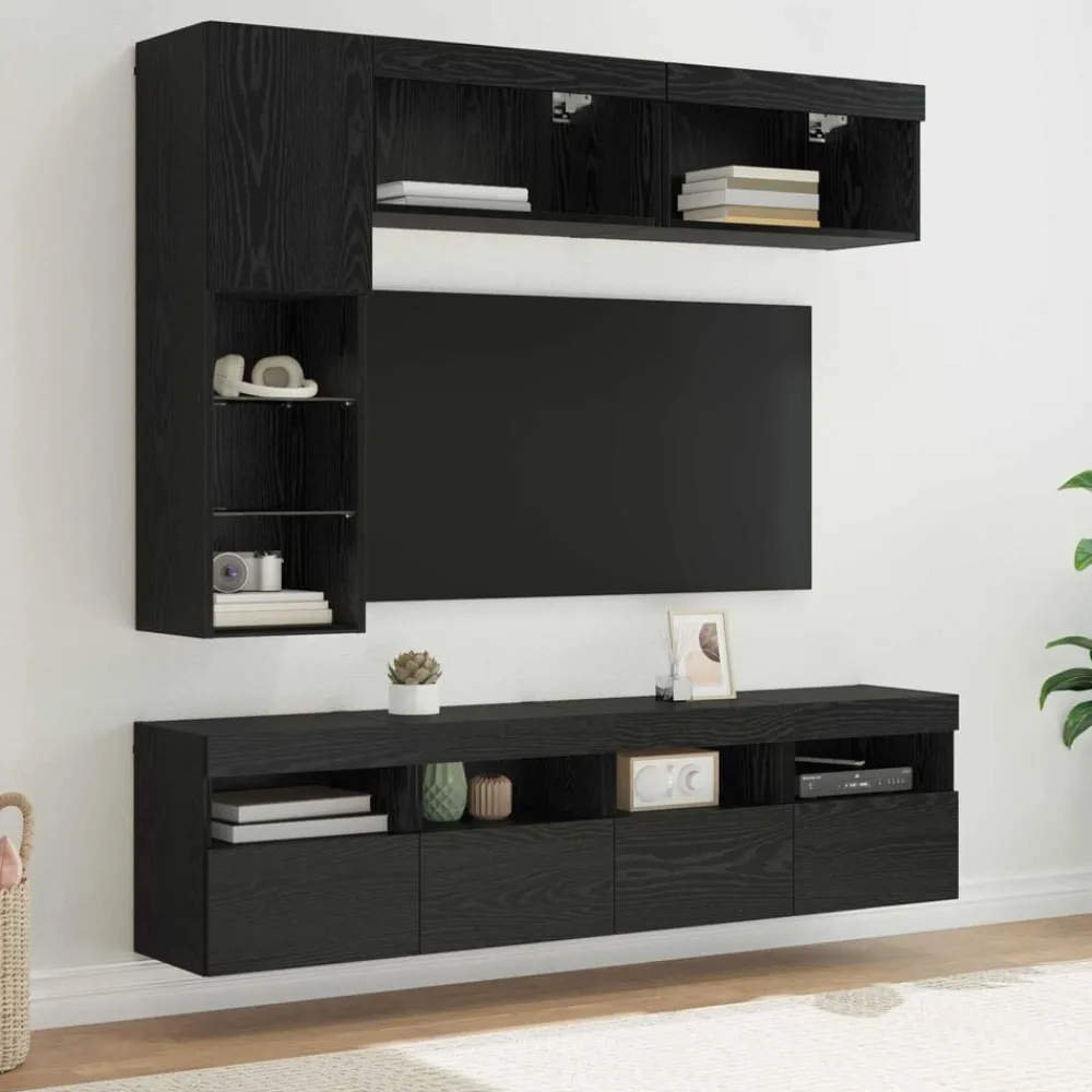 Tv-Meubels*vidaXL TV-kast met LED Wandgemonteerd 7 pcs Zwart Eiken Bewerkt hout