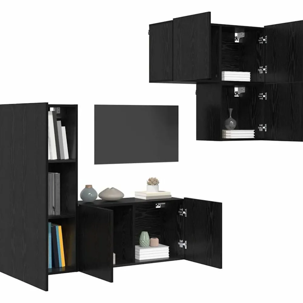 Tv-Meubels*vidaXL TV-kast Wandgemonteerd 4 pcs Zwart Eiken Bewerkt hout