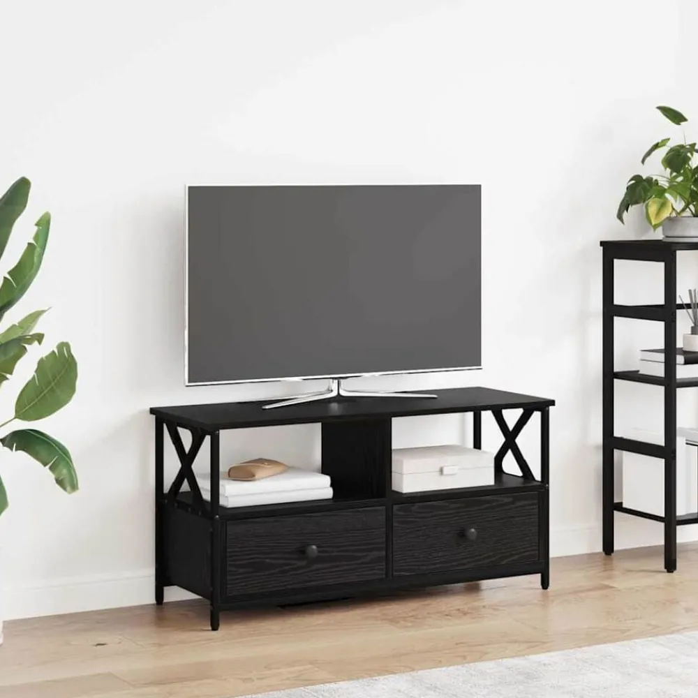 Tv-Meubels*vidaXL TV-kast 90 x 33 x 45 cm Engineered hout en staal Zwart eiken