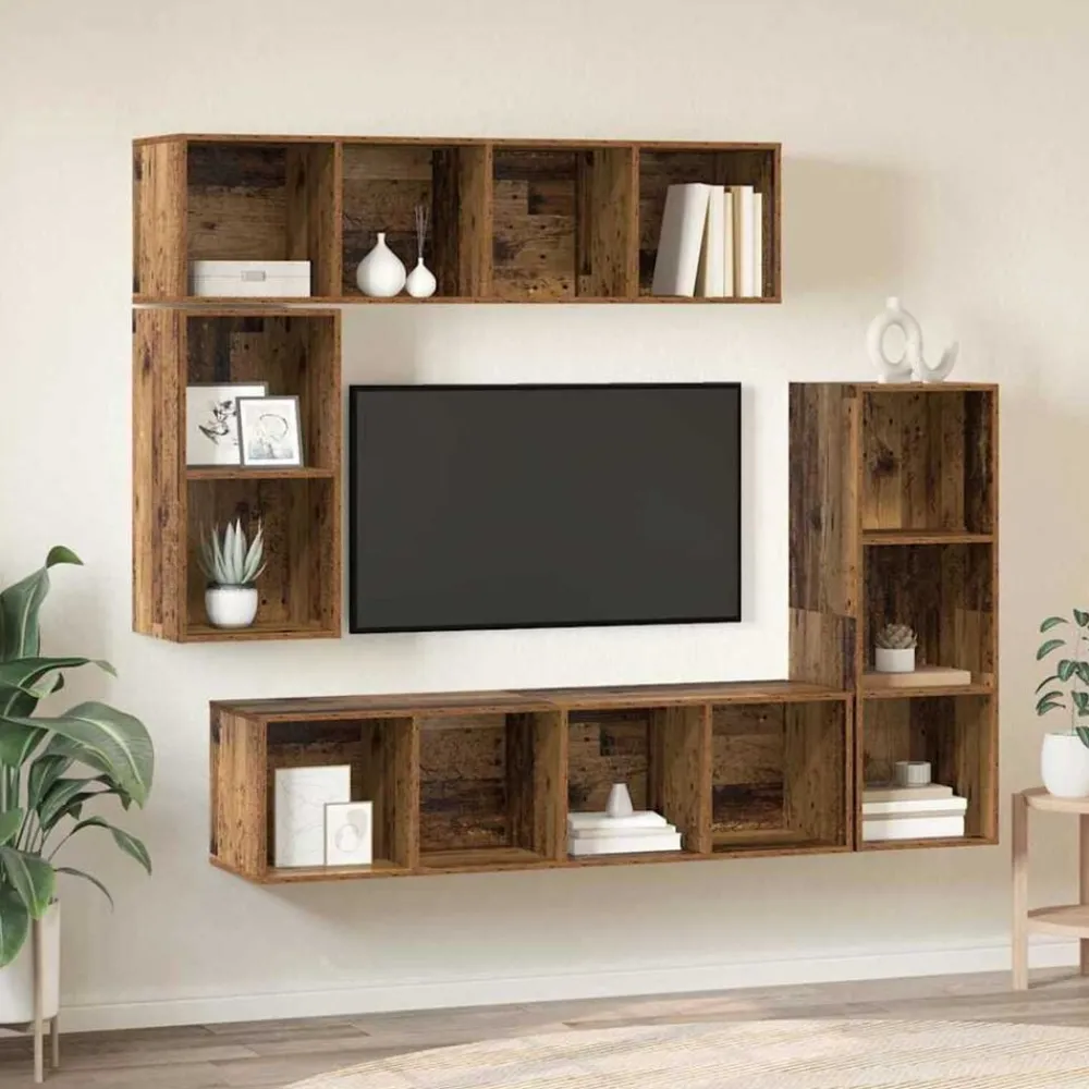Tv-Meubels*vidaXL Tv-meubelset Wandgemonteerd 4 pcs Oudhout Bewerkt hout Oud hout