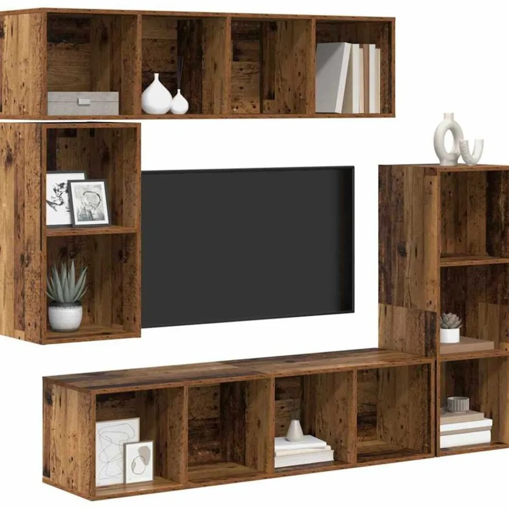 Tv-Meubels*vidaXL Tv-meubelset Wandgemonteerd 4 pcs Oudhout Bewerkt hout Oud hout