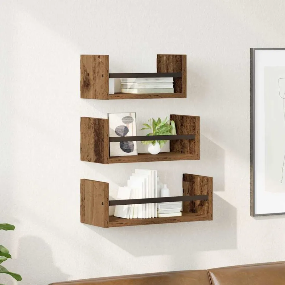 Boekenkasten & Wandplanken*vidaXL Wandplankenset met plank 3 pcs 40x16x14cm Bewerkt hout Oud hout