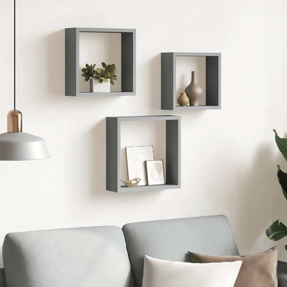 Boekenkasten & Wandplanken*vidaXL Wandschappen kubus 3 st MDF Grijs