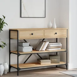 Wandtafel met lades en schappen bewerkt hout kleur>vidaXL Online
