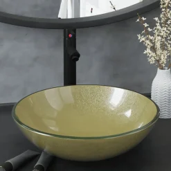 Wastafel met kraan en pop-up afvoer gehard glas goudkleurig>vidaXL