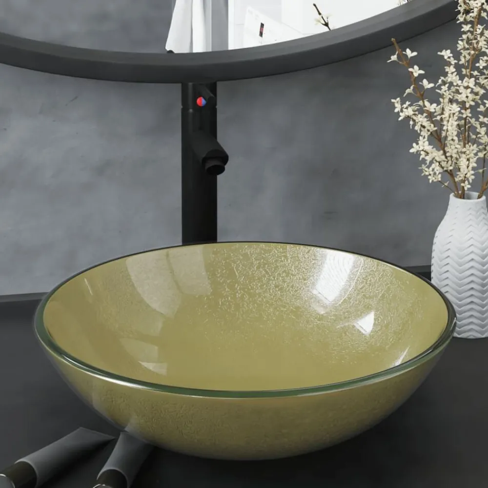 Wastafel met kraan en pop-up afvoer gehard glas goudkleurig>vidaXL
