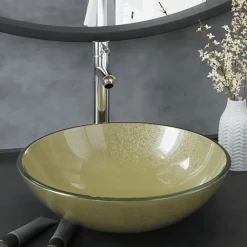 Wastafel met kraan en pop-up afvoer gehard glas goudkleurig>vidaXL Outlet