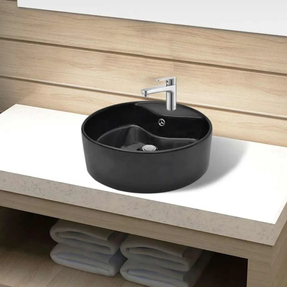 Wastafel met kraangat en overloop rond keramiek>vidaXL Discount