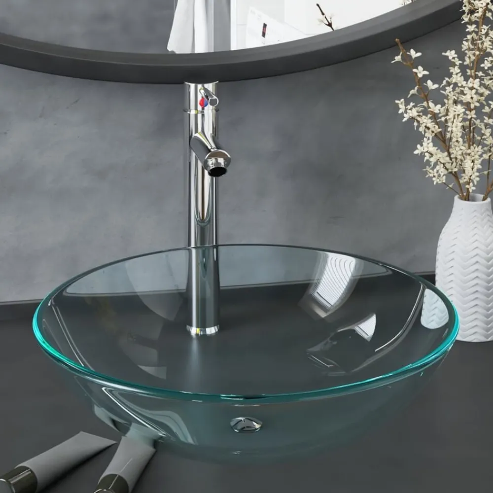 Sanitair & Loodgietersbenodigdheden*vidaXL Wastafel met kraan en pop-up afvoer gehard glas transparant