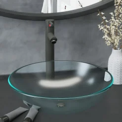 Wastafel met kraan en pop-up afvoer mat gehard glas>vidaXL