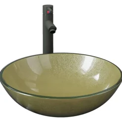 Wastafel met kraan en pop-up afvoer gehard glas goudkleurig>vidaXL Outlet