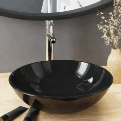 Sanitair & Loodgietersbenodigdheden*vidaXL Wastafel met kraan en pop-up afvoer gehard glas zwart