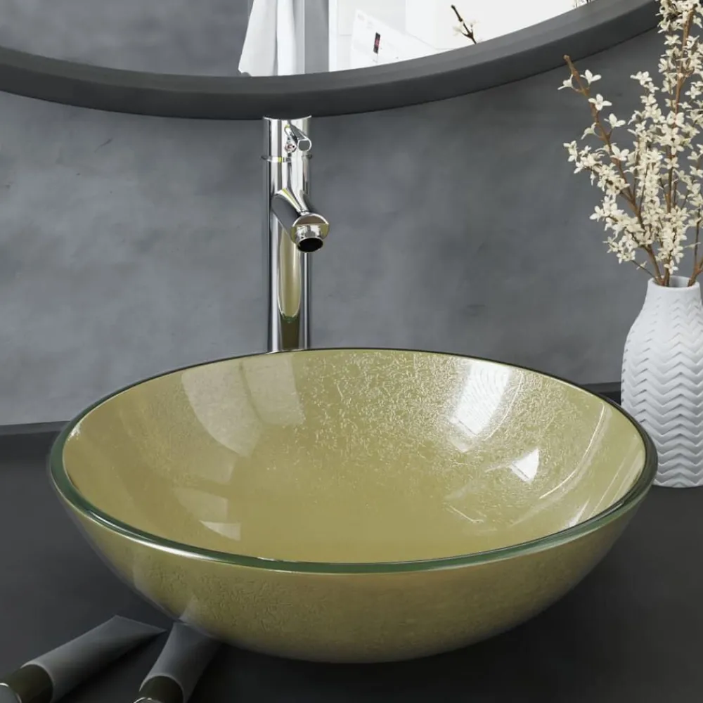 Sanitair & Loodgietersbenodigdheden*vidaXL Wastafel met kraan en pop-up afvoer gehard glas goudkleurig