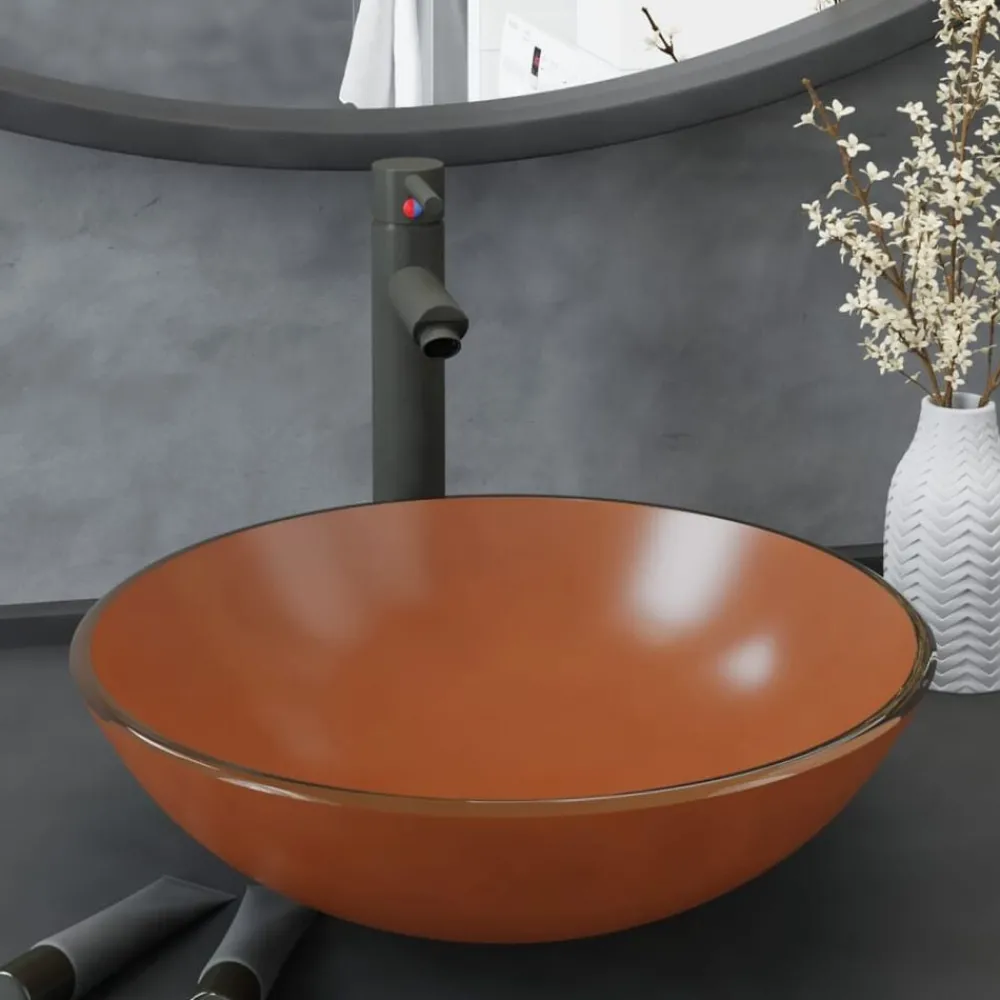 Wastafel met kraan en pop-up afvoer gehard glas bruin>vidaXL Online