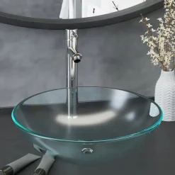 Wastafel met kraan en pop-up afvoer mat gehard glas>vidaXL