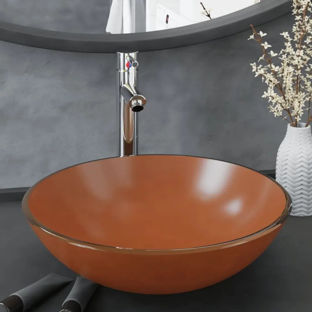 Sanitair & Loodgietersbenodigdheden*vidaXL Wastafel met kraan en pop-up afvoer gehard glas bruin
