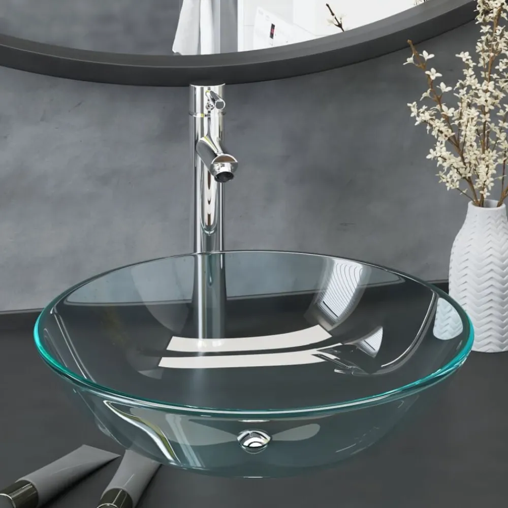 Sanitair & Loodgietersbenodigdheden*vidaXL Wastafel met kraan en pop-up afvoer gehard glas transparant