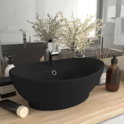 Wastafel met overloop ovaal 58,5x39 cm keramiek matzwart>vidaXL Outlet