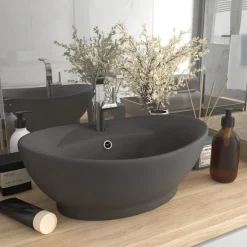 Sanitair & Loodgietersbenodigdheden*vidaXL Wastafel met overloop ovaal 58,5x39 cm keramiek mat donkergrijs matdonkergrijs