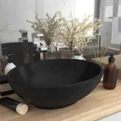 Sanitair & Loodgietersbenodigdheden*vidaXL Wastafel ovaal 40x33 cm keramiek matzwart Mat zwart