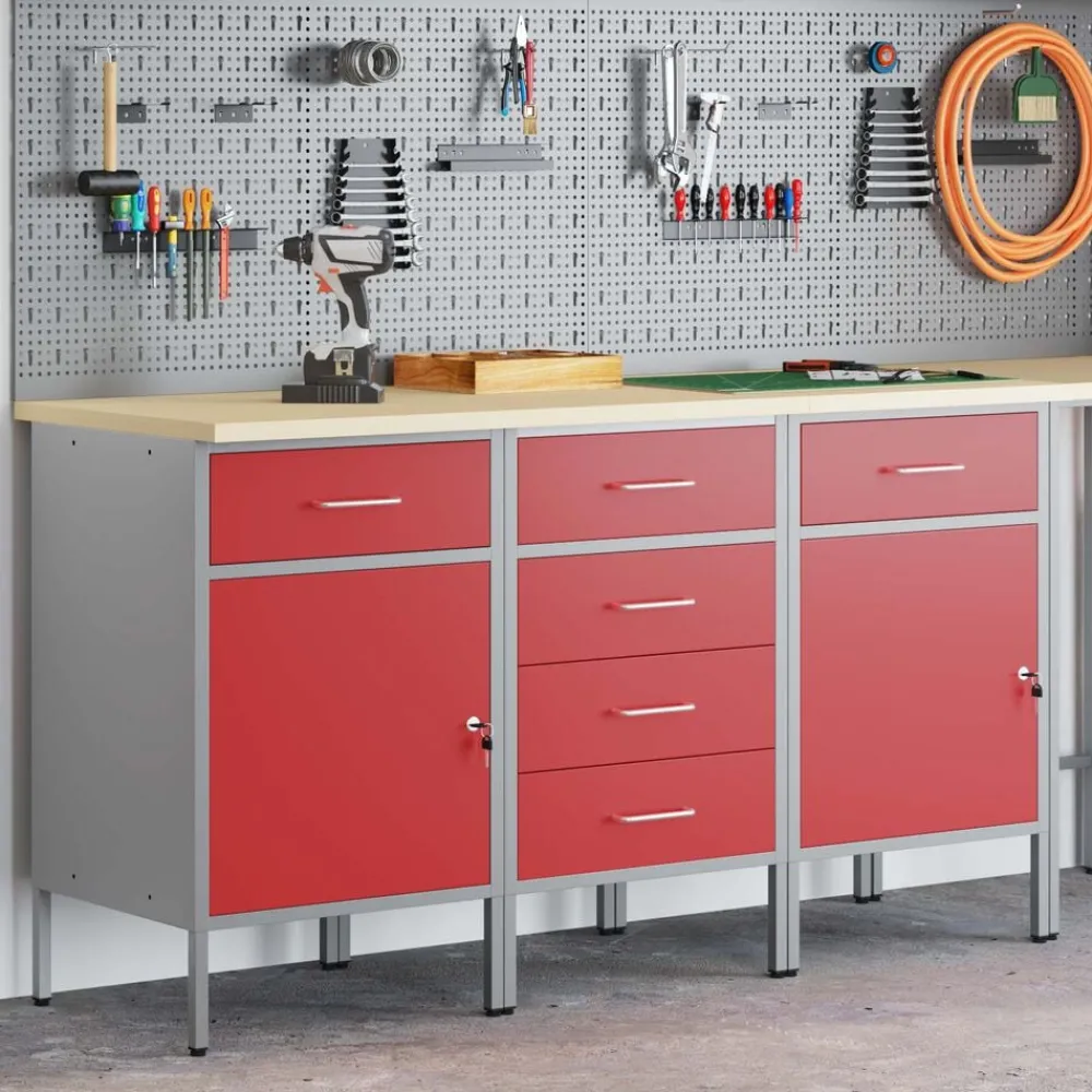 Bouwbeslag*vidaXL Werk kast met lade 3 pcs en Grijs 150 x 55 x 85 cm Rood