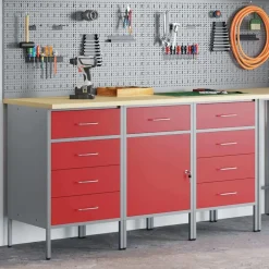 Bouwbeslag*vidaXL Werk kast met lade 3 pcs en Grijs 150 x 55 x 85 cm Rood