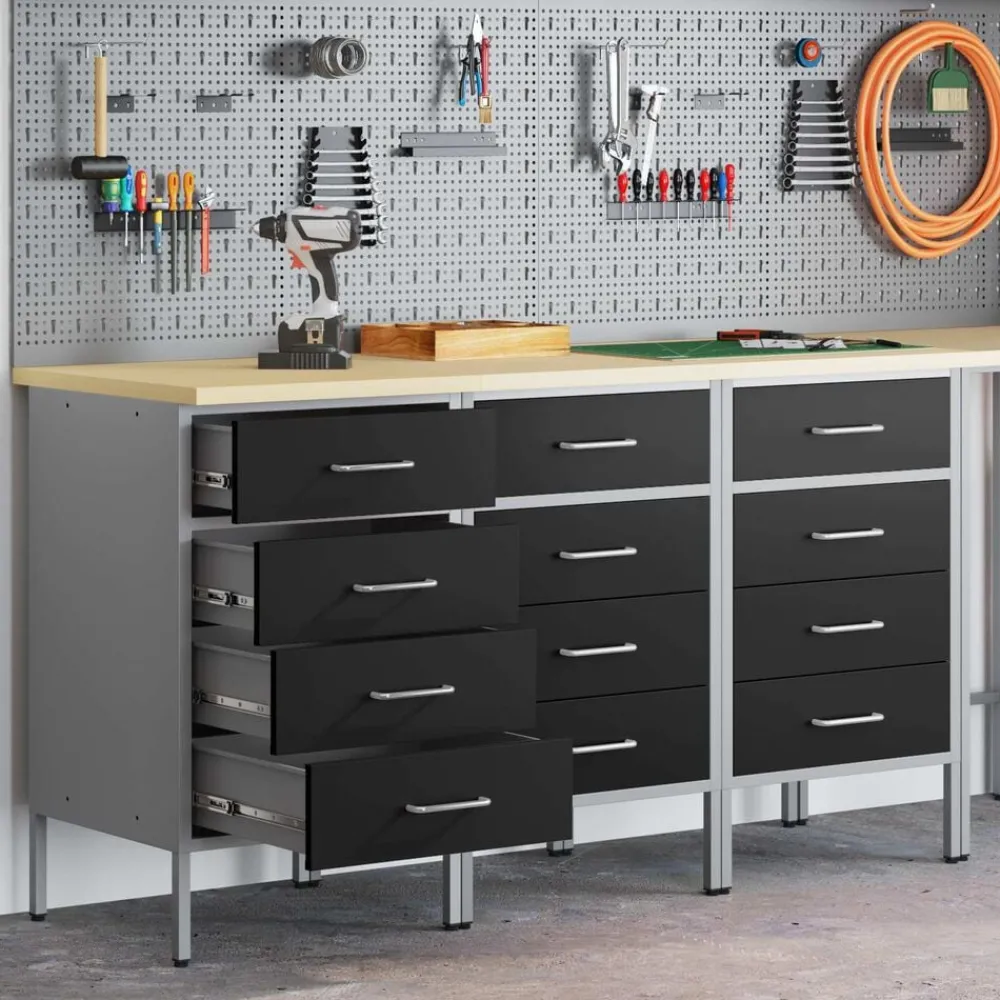 Bouwbeslag*vidaXL Werk kast met lade 3 pcs en Grijs 150 x 55 x 85 cm Zwart