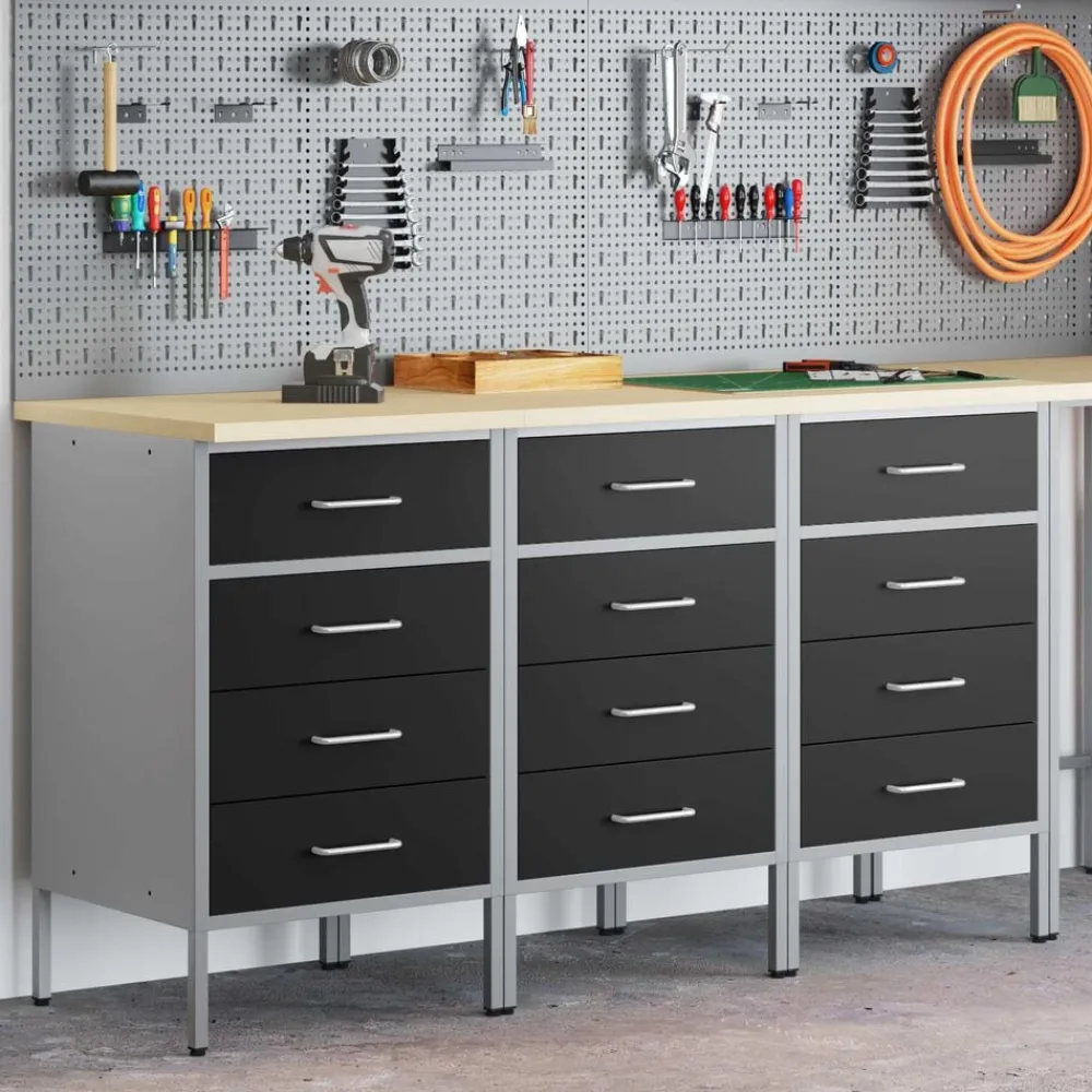 Bouwbeslag*vidaXL Werk kast met lade 3 pcs en Grijs 150 x 55 x 85 cm Zwart