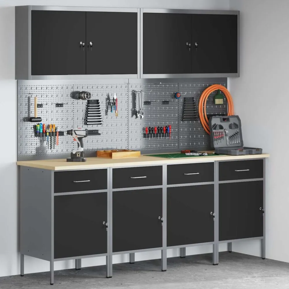 Bouwbeslag*vidaXL Werk kast met lade 10 pcs Engineered hout en staal Zwart