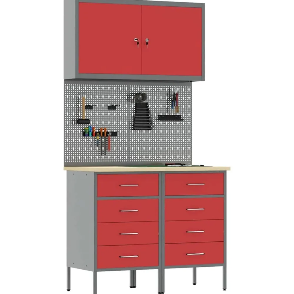 Bouwbeslag*vidaXL Werk kast met lade met slot 5 pcs Engineered hout en staal Rood