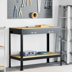 Werkbank met lade Zwart 114 x 54 x 91 cm Bewerkt hout en metaal>vidaXL Outlet