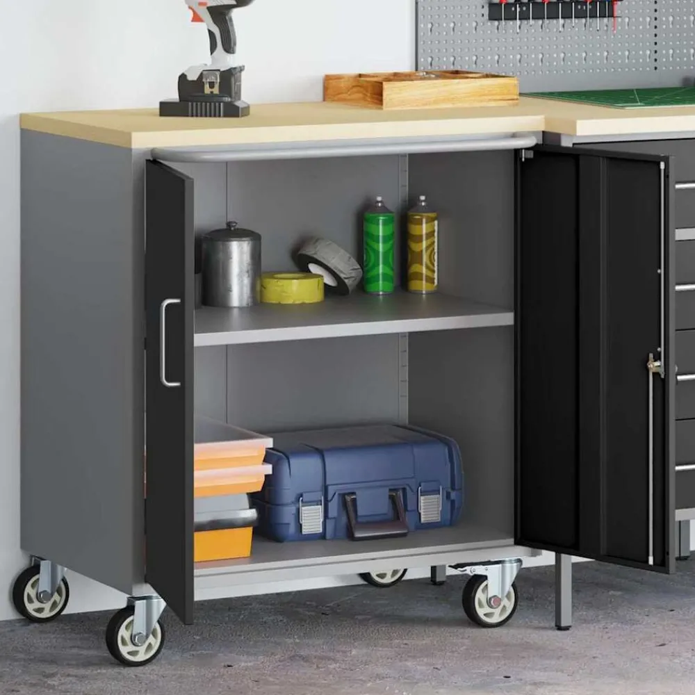 Bouwbeslag*vidaXL Werkbank met plank met wiel en Grijs 75 x 45 x 85 cm Zwart
