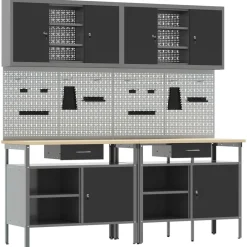 Bouwbeslag*vidaXL Werkbankset met lade 8 pcs Rood en Grijs Gepoedercoat staal Zwart