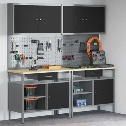 Bouwbeslag*vidaXL Werkbankset met lade 8 pcs en Grijs Gepoedercoat staal Zwart