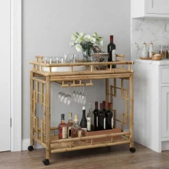Trolleys*vidaXL Wijn Trolley Met Wielen Naturel 85 x 50 x 93 cm Bamboe